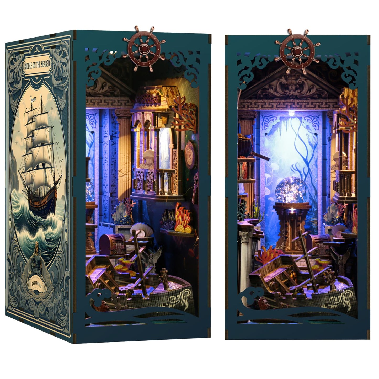 ISSEVE Book Nook Kit Sea Maze – DIY 3D Wooden Puzzle Dollhouse with LED Light and Dust Cover