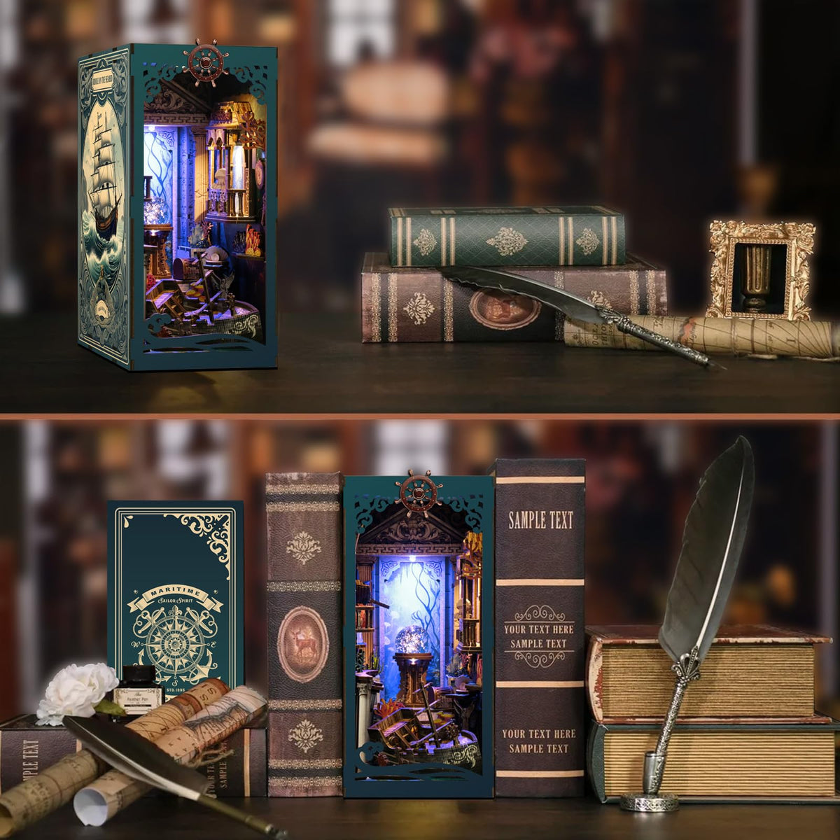 ISSEVE Book Nook Kit Sea Maze – DIY 3D Wooden Puzzle Dollhouse with LED Light and Dust Cover