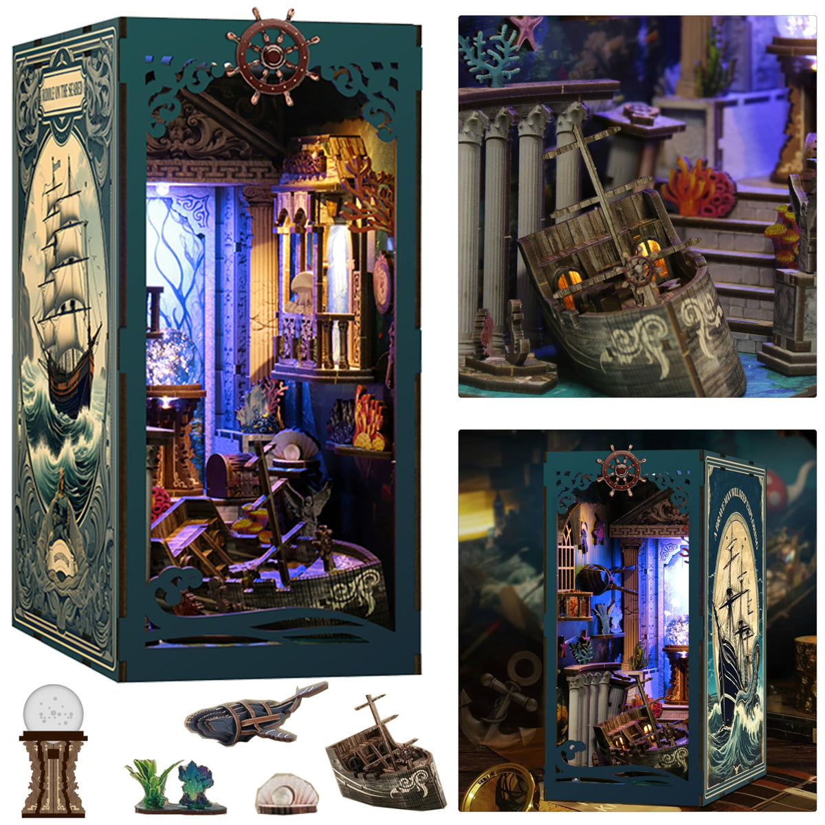 ISSEVE Book Nook Kit Sea Maze – DIY 3D Wooden Puzzle Dollhouse with LED Light and Dust Cover