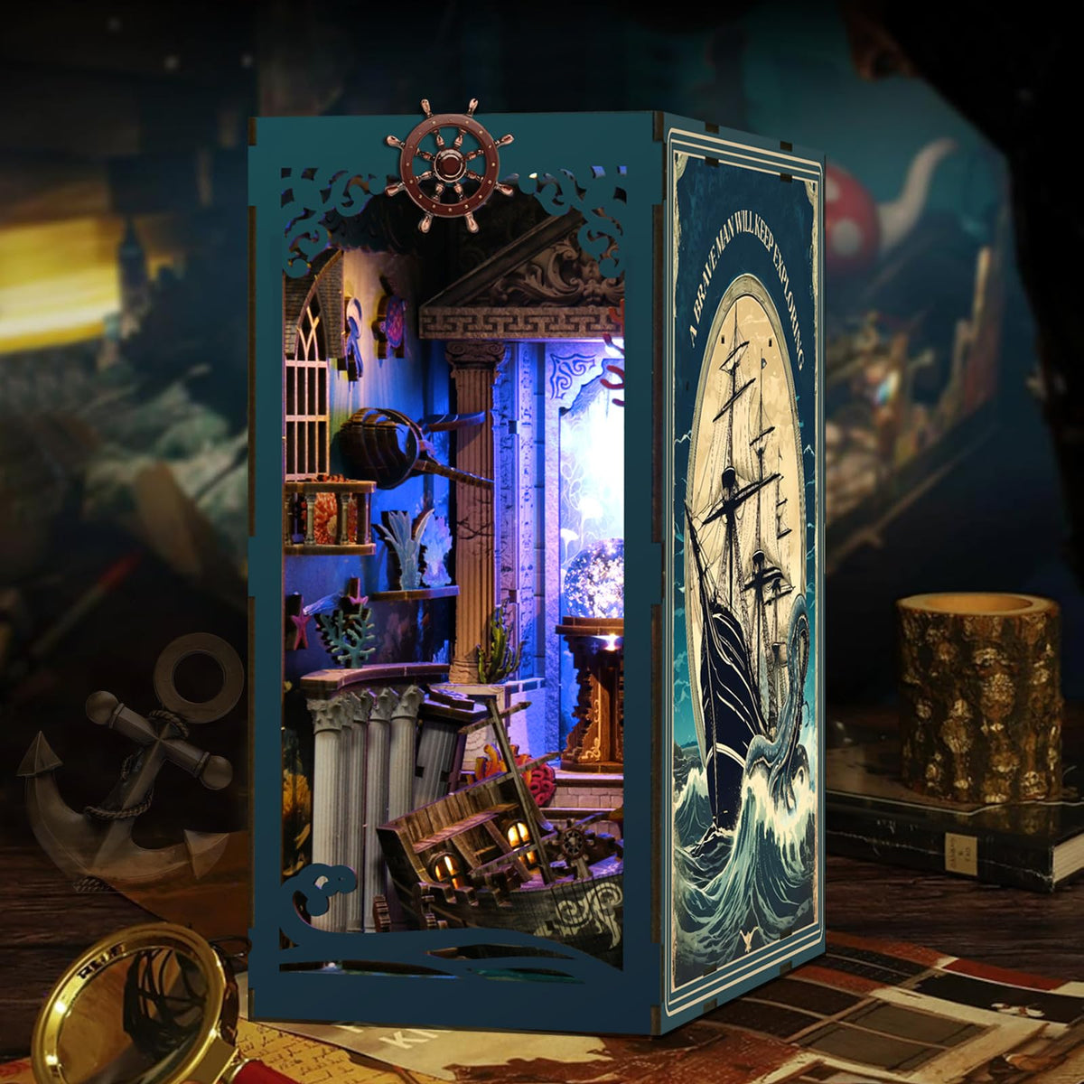 ISSEVE Book Nook Kit Sea Maze – DIY 3D Wooden Puzzle Dollhouse with LED Light and Dust Cover