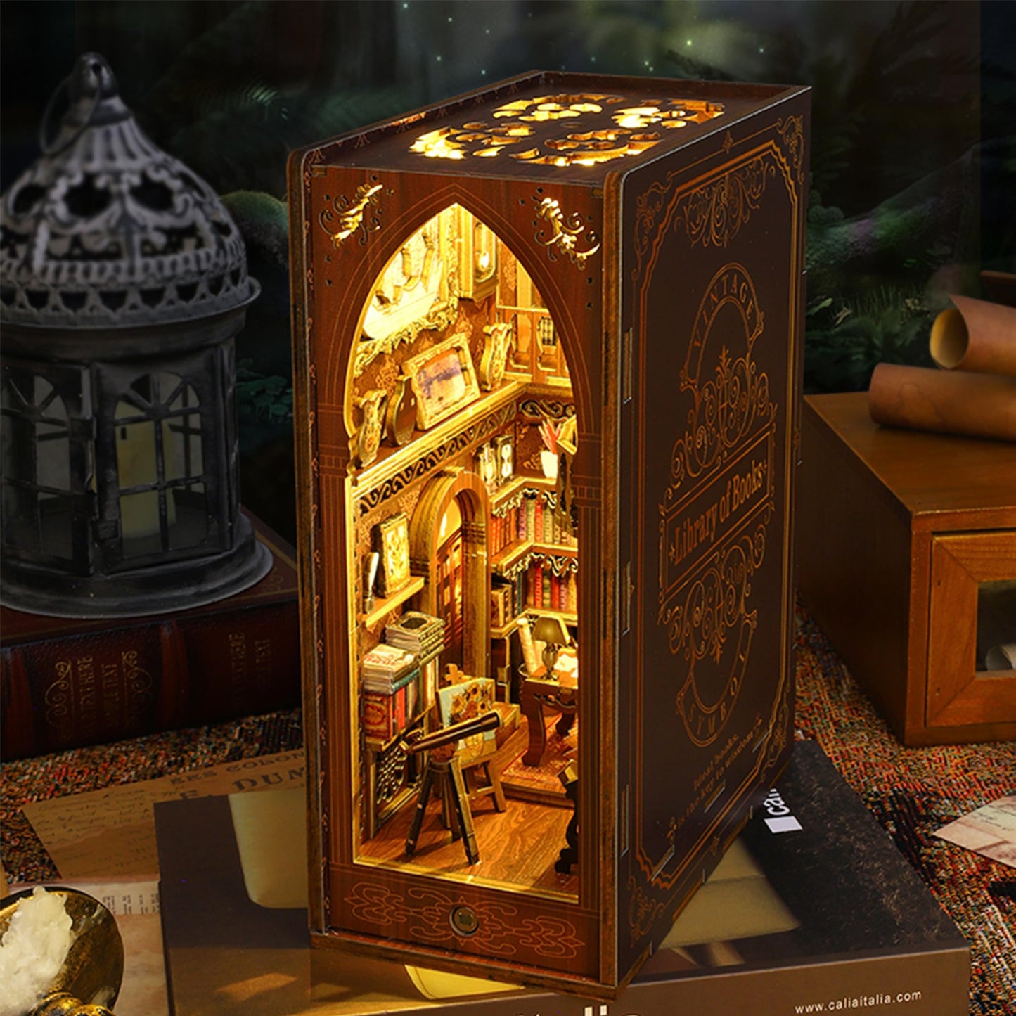 ISSEVE DIY Book Nook Kit — 3D Wooden Library Puzzle with Sensor Light