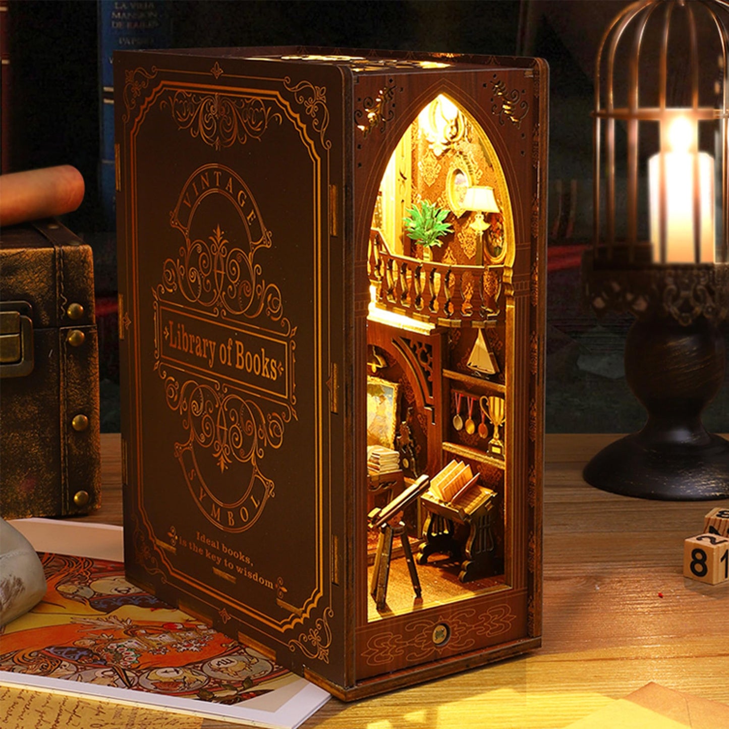 ISSEVE DIY Book Nook Kit — 3D Wooden Library Puzzle with Sensor Light