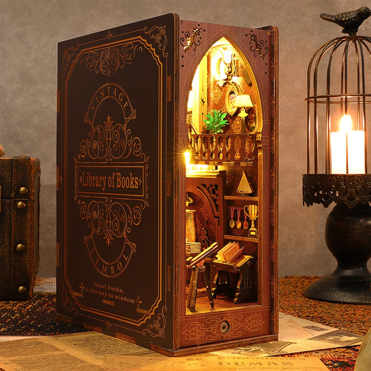 ISSEVE DIY Book Nook Kit — 3D Wooden Library Puzzle with Sensor Light