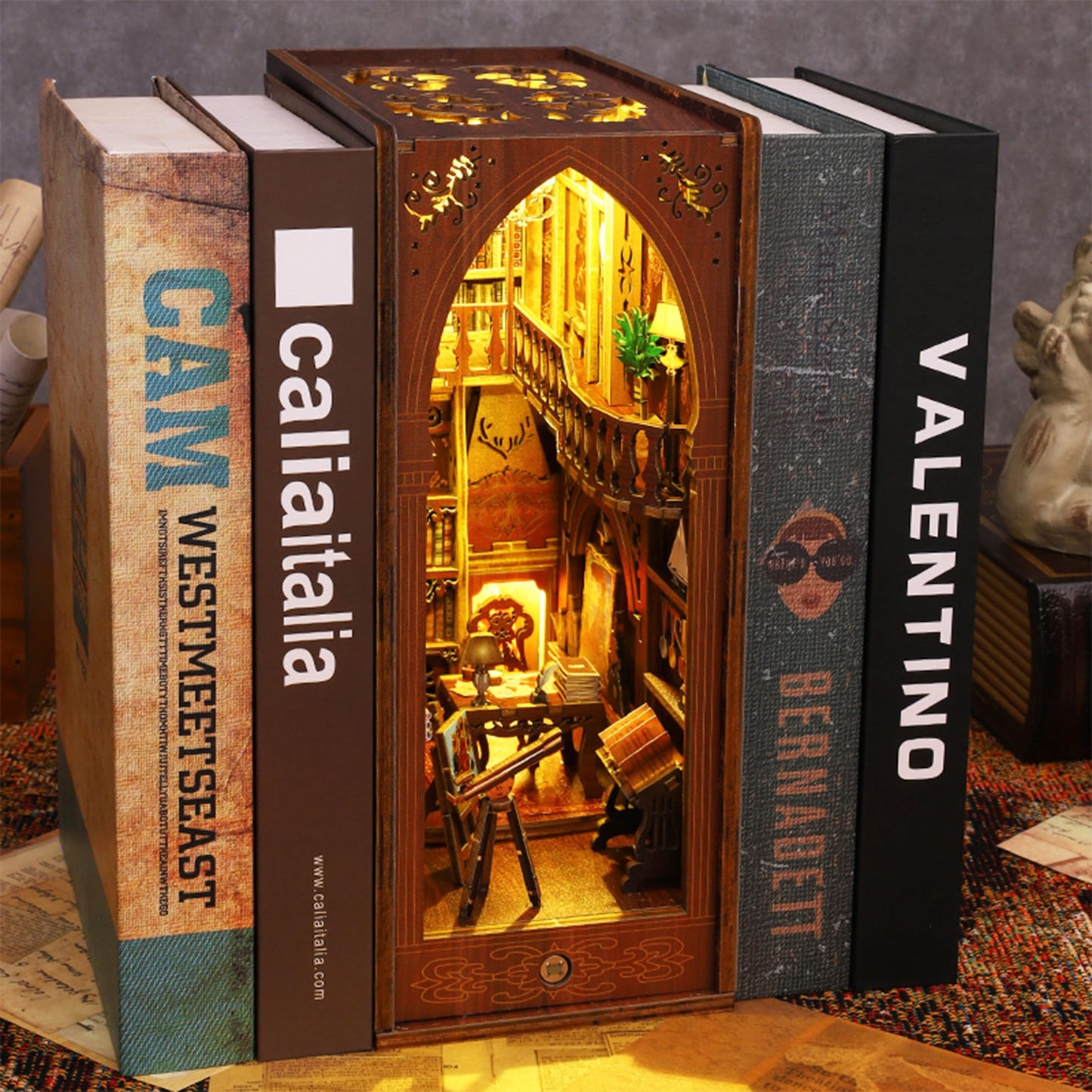 ISSEVE DIY Book Nook Kit — 3D Wooden Library Puzzle with Sensor Light