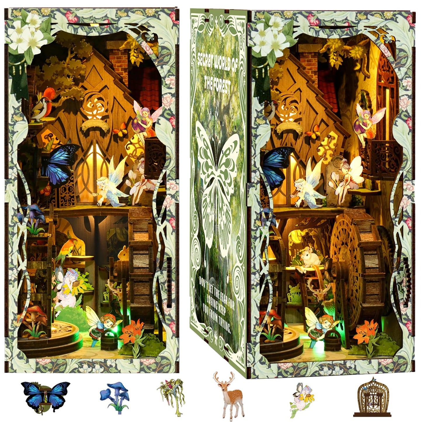 ISSEVE Forest Secret World Book Nook Kit – DIY 3D Wood Dollhouse with LED Light