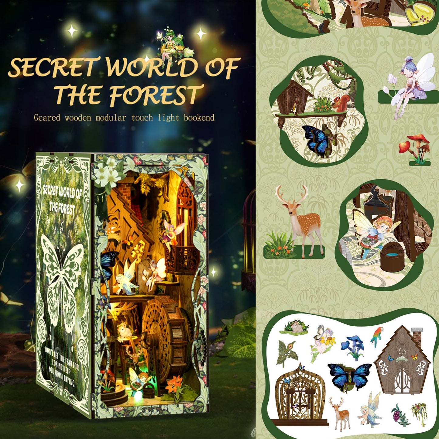 ISSEVE Forest Secret World Book Nook Kit – DIY 3D Wood Dollhouse with LED Light