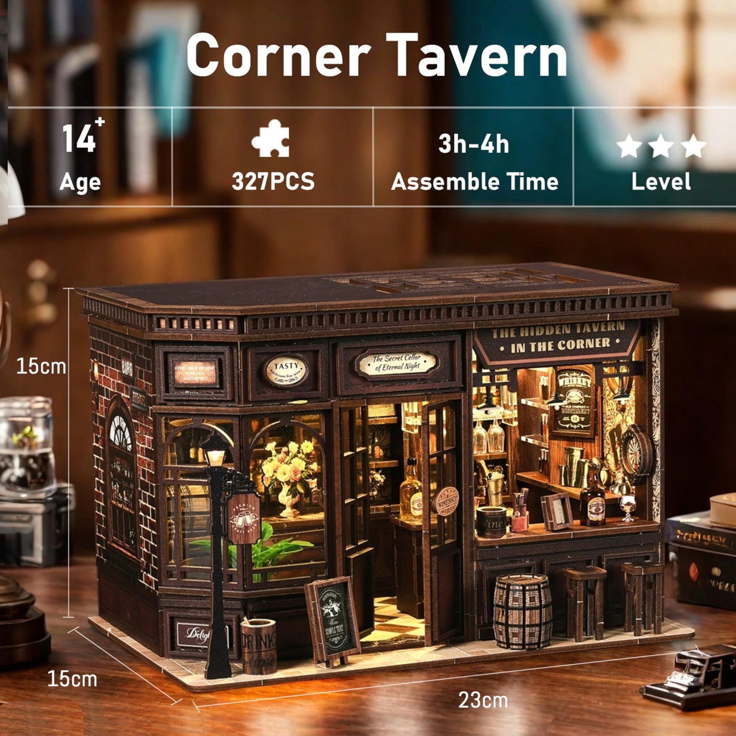 ISSEVE Book Nook Kit – Corner Tavern DIY Miniature House | 3D Wooden Puzzle for Adults & Teens