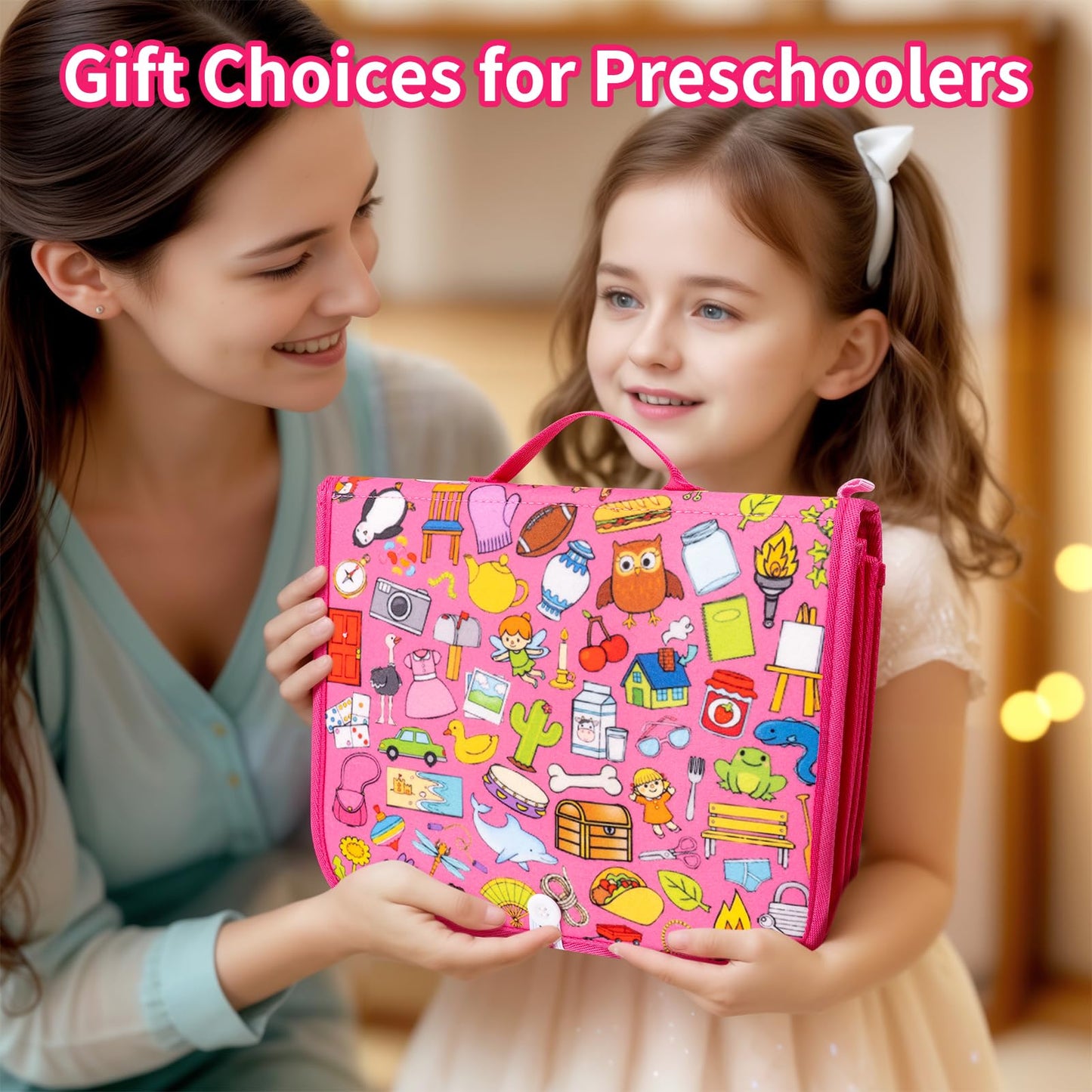issray 12-page Toddler Busy Board – Montessori Toy | 24-in-1 Sensory Activity (Pink)