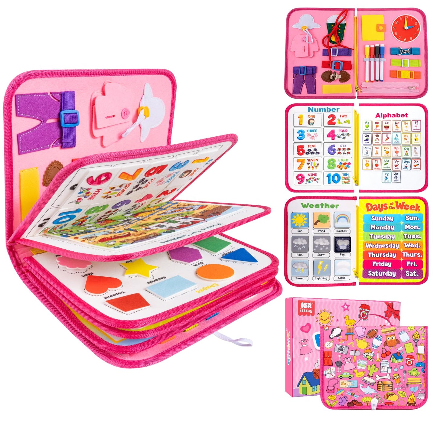 issray 12-page Toddler Busy Board – Montessori Toy | 24-in-1 Sensory Activity (Pink)