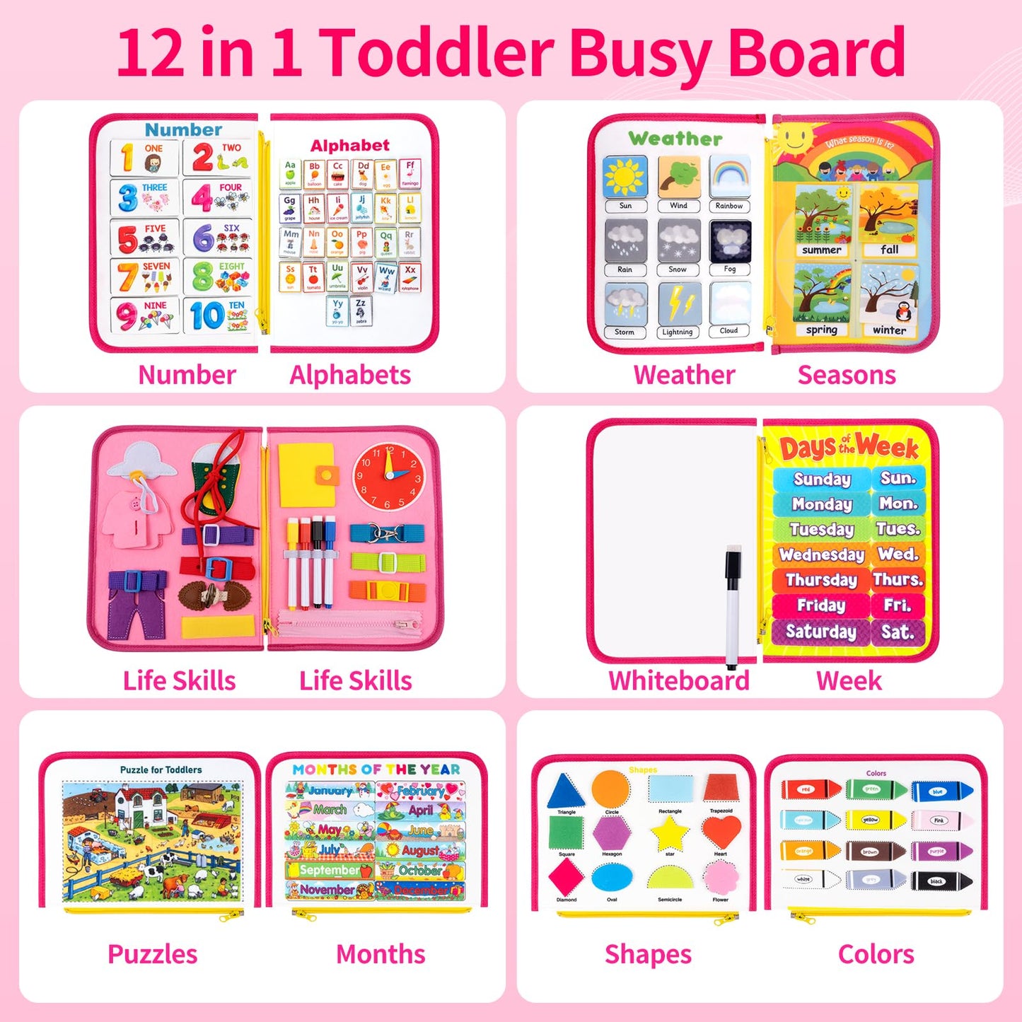 issray 12-page Toddler Busy Board – Montessori Toy | 24-in-1 Sensory Activity (Pink)