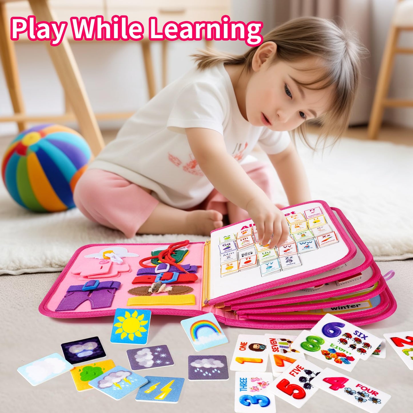 issray 12-page Toddler Busy Board – Montessori Toy | 24-in-1 Sensory Activity (Pink)