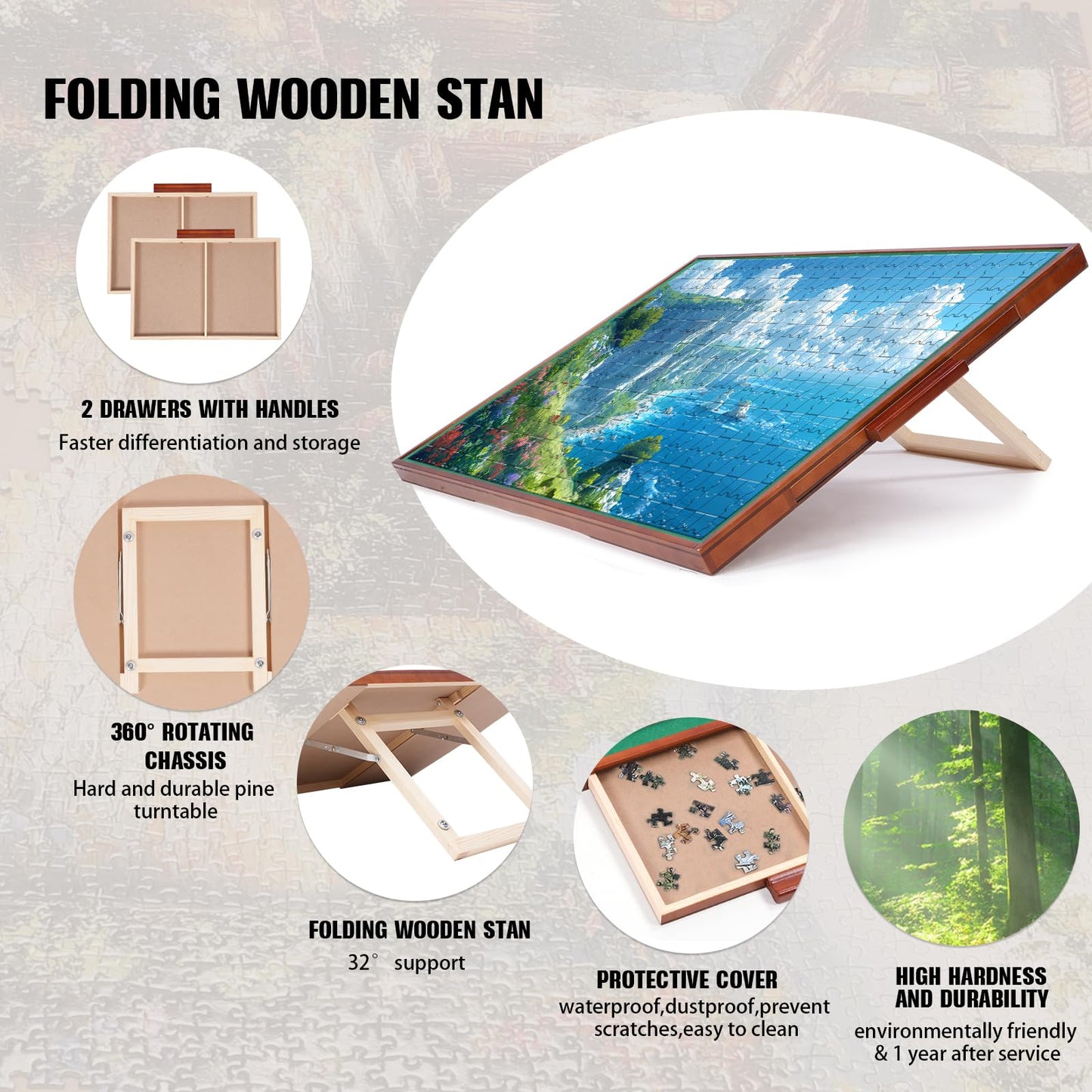 ITEFDTUTNE Rotating Puzzle Board with Drawers — 34 x 24, 1500-Piece Capacity