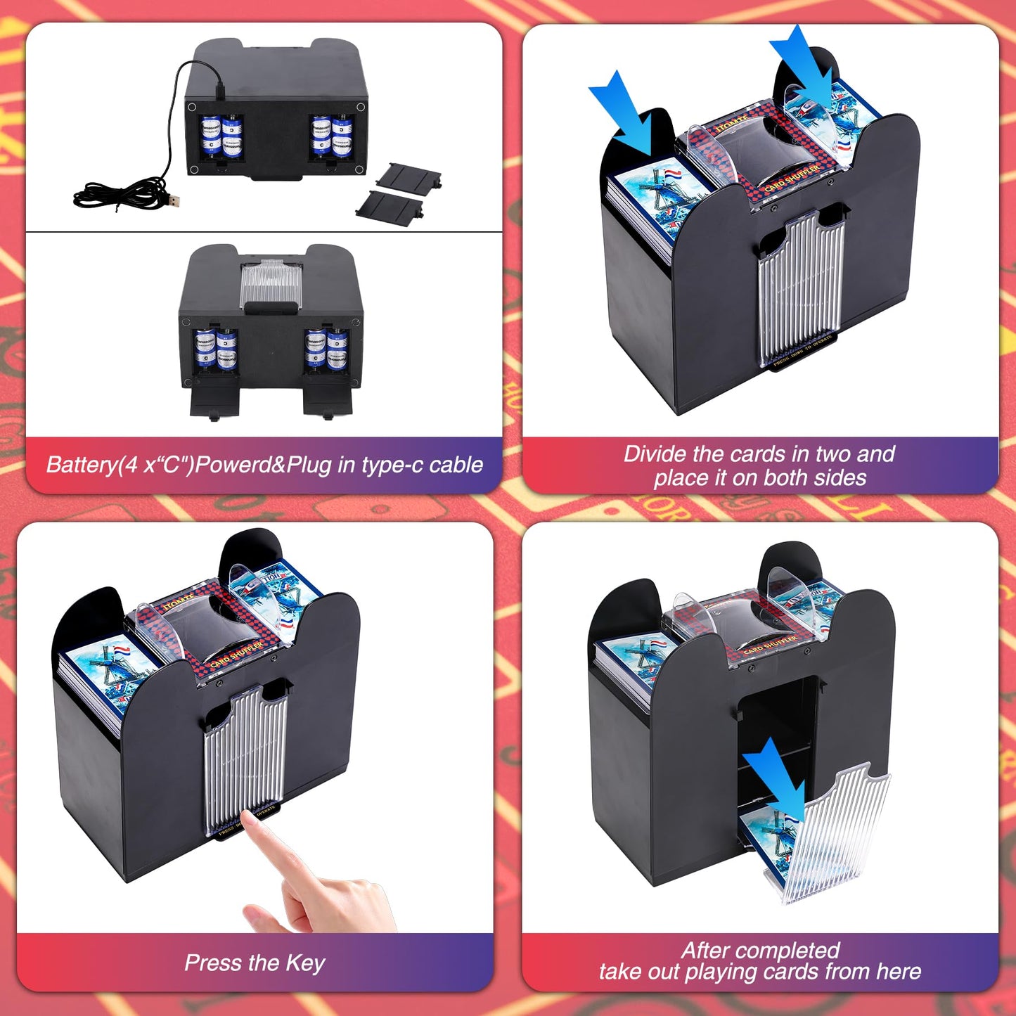 ITOMTE Automatic Card Shuffler – 6-Deck Electric Shuffler for Poker, UNO & More | USB or Battery Powered