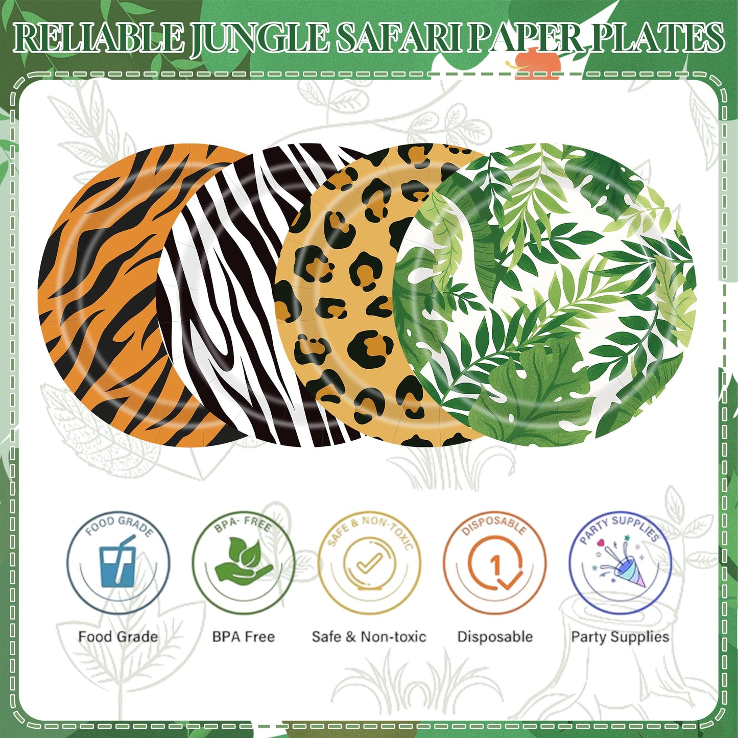 ITTEBISS Jungle Safari 7-Inch Plates, 48-Pack – Zoo Animal Party Supplies, Disposable Tableware