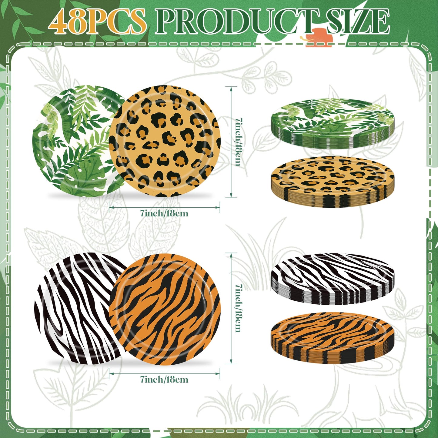 ITTEBISS Jungle Safari 7-Inch Plates, 48-Pack – Zoo Animal Party Supplies, Disposable Tableware
