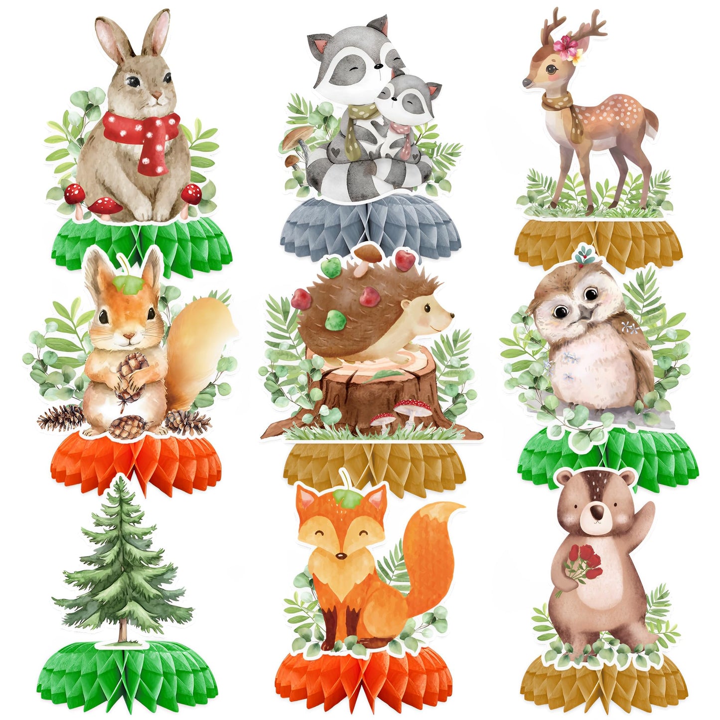 ITTEBISS 9Pcs Woodland Animals Honeycomb Centerpieces – Forest Themed Baby Shower & Party Decor