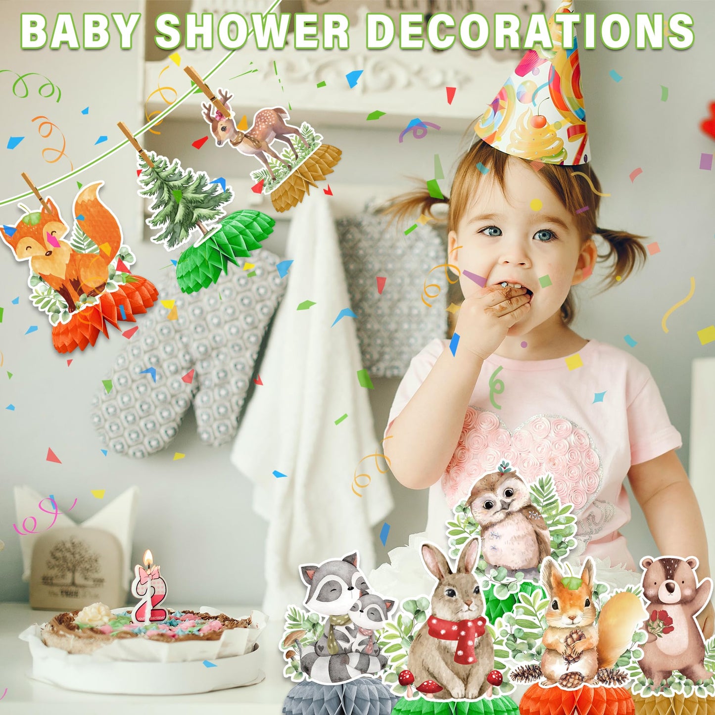ITTEBISS 9Pcs Woodland Animals Honeycomb Centerpieces – Forest Themed Baby Shower & Party Decor