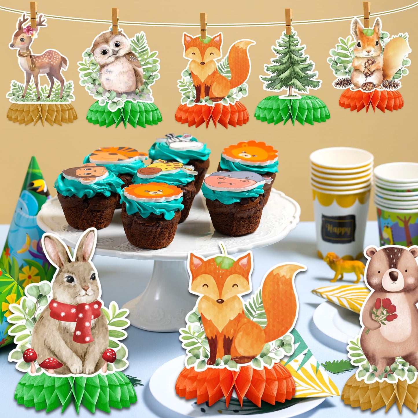 ITTEBISS 9Pcs Woodland Animals Honeycomb Centerpieces – Forest Themed Baby Shower & Party Decor