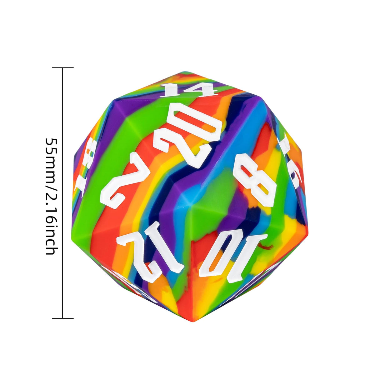IUSTIDIE 55mm Silicone D20 – Rainbow Large Dice, Soft Touch, Heavy Feel