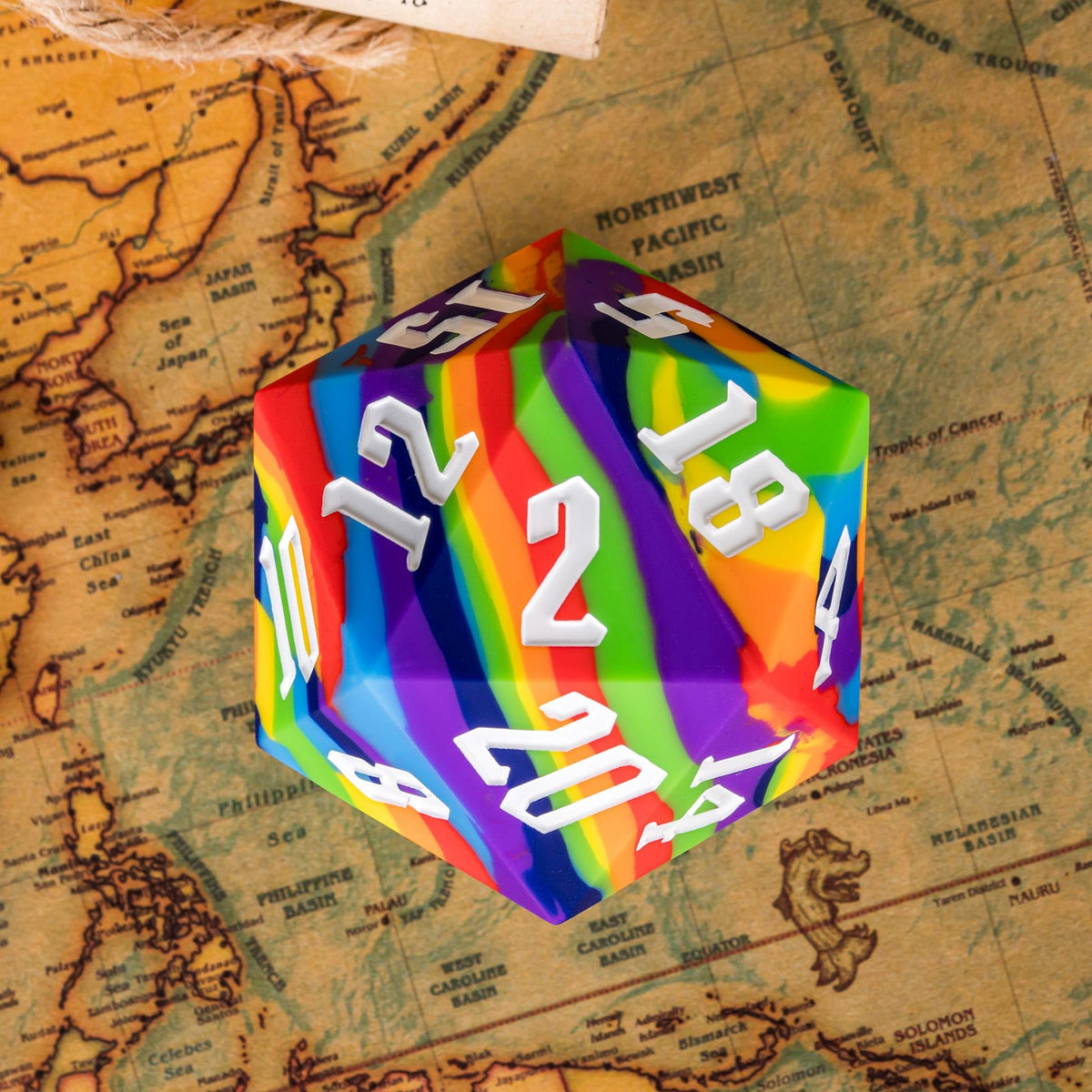 IUSTIDIE 55mm Silicone D20 – Rainbow Large Dice, Soft Touch, Heavy Feel