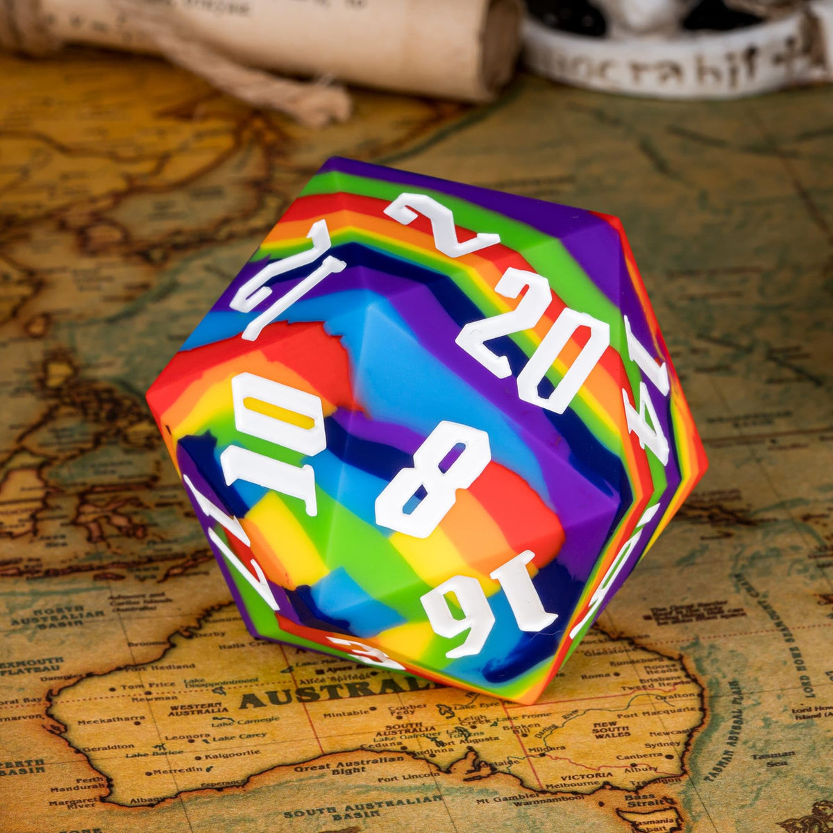 IUSTIDIE 55mm Silicone D20 – Rainbow Large Dice, Soft Touch, Heavy Feel