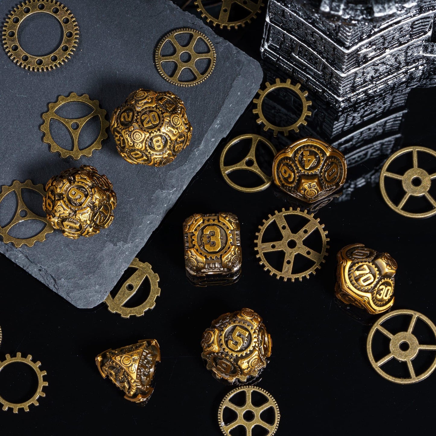 IUSTIDIE Metal Dice Set 7 Die D&D Dice Antique Gold – Steampunk Gear RPG Dice with Gift Bag