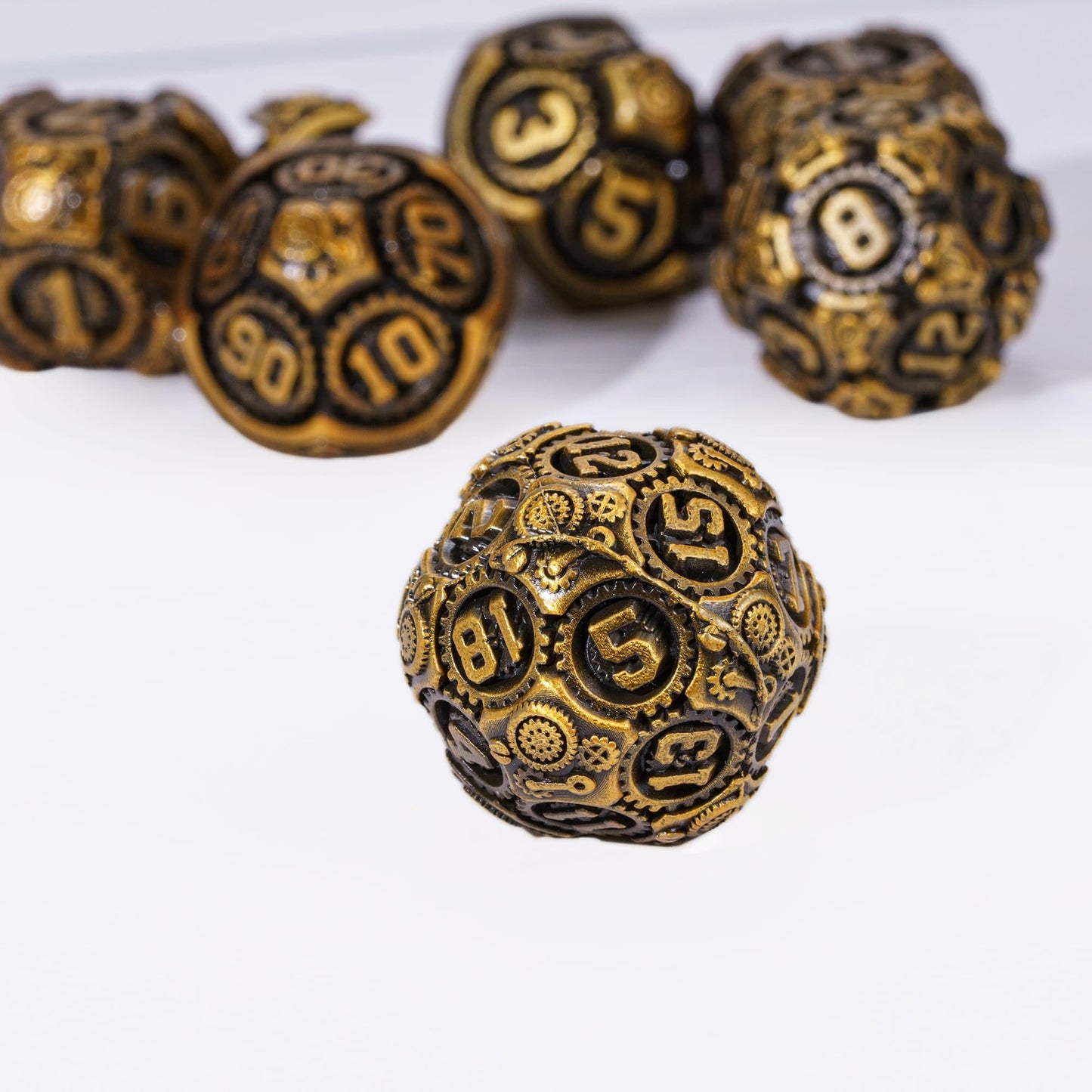 IUSTIDIE Metal Dice Set 7 Die D&D Dice Antique Gold – Steampunk Gear RPG Dice with Gift Bag