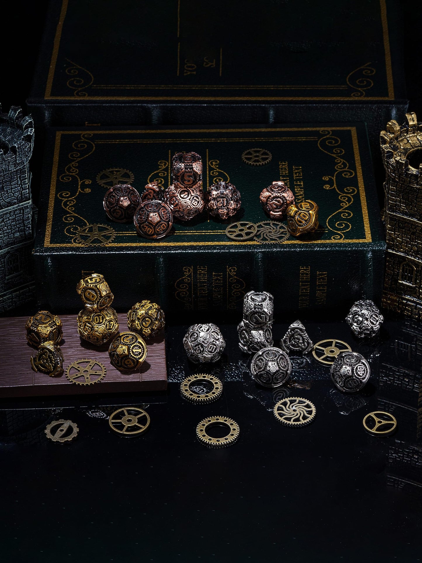 IUSTIDIE Metal Dice Set 7 Die D&D Dice Antique Gold – Steampunk Gear RPG Dice with Gift Bag