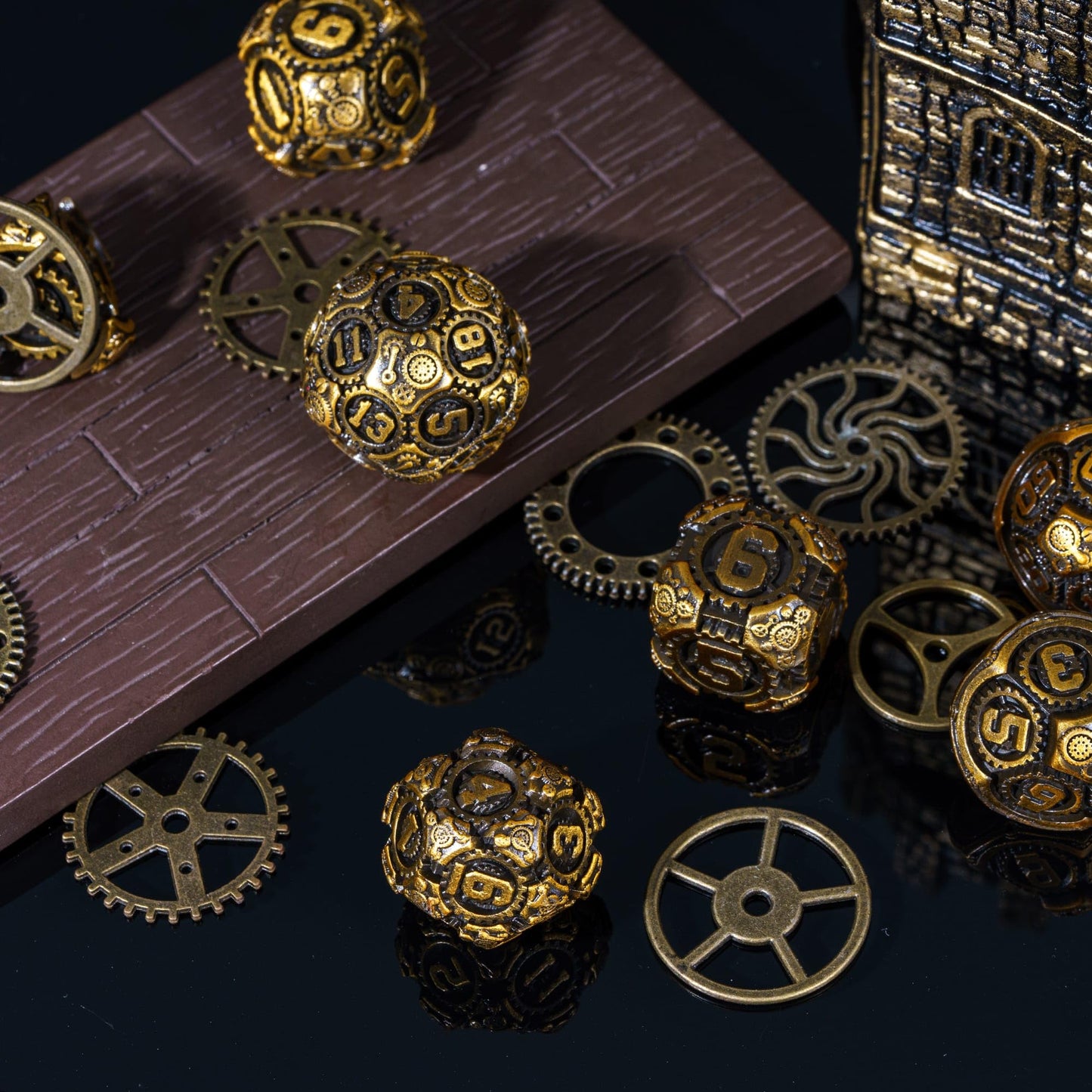 IUSTIDIE Metal Dice Set 7 Die D&D Dice Antique Gold – Steampunk Gear RPG Dice with Gift Bag