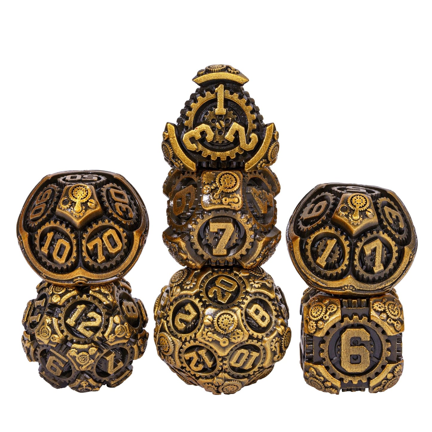 IUSTIDIE Metal Dice Set 7 Die D&D Dice Antique Gold – Steampunk Gear RPG Dice with Gift Bag