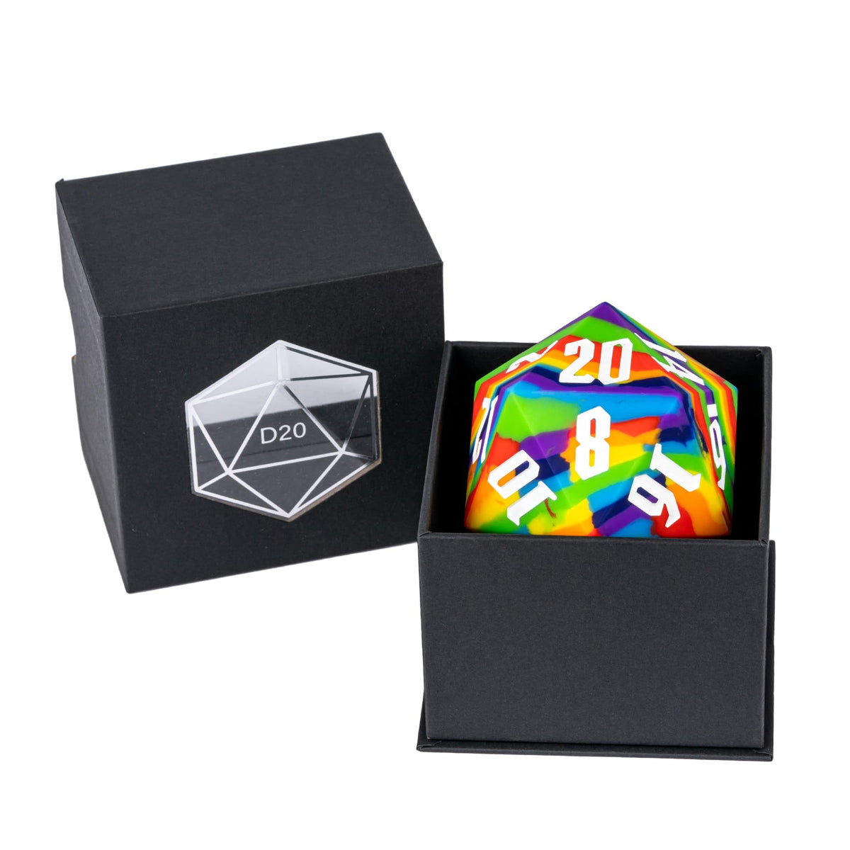 IUSTIDIE 55mm Silicone D20 – Rainbow Large Dice, Soft Touch, Heavy Feel
