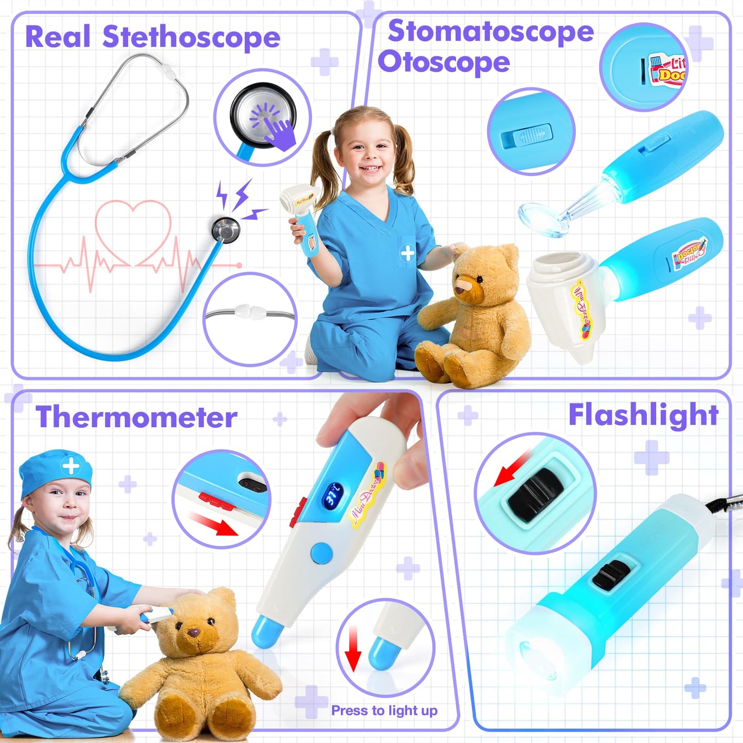 IVENRXIU Kids Doctors Play Set – 15 Pcs Doctor Kit with Real Stethoscope for Toddlers (3-5)