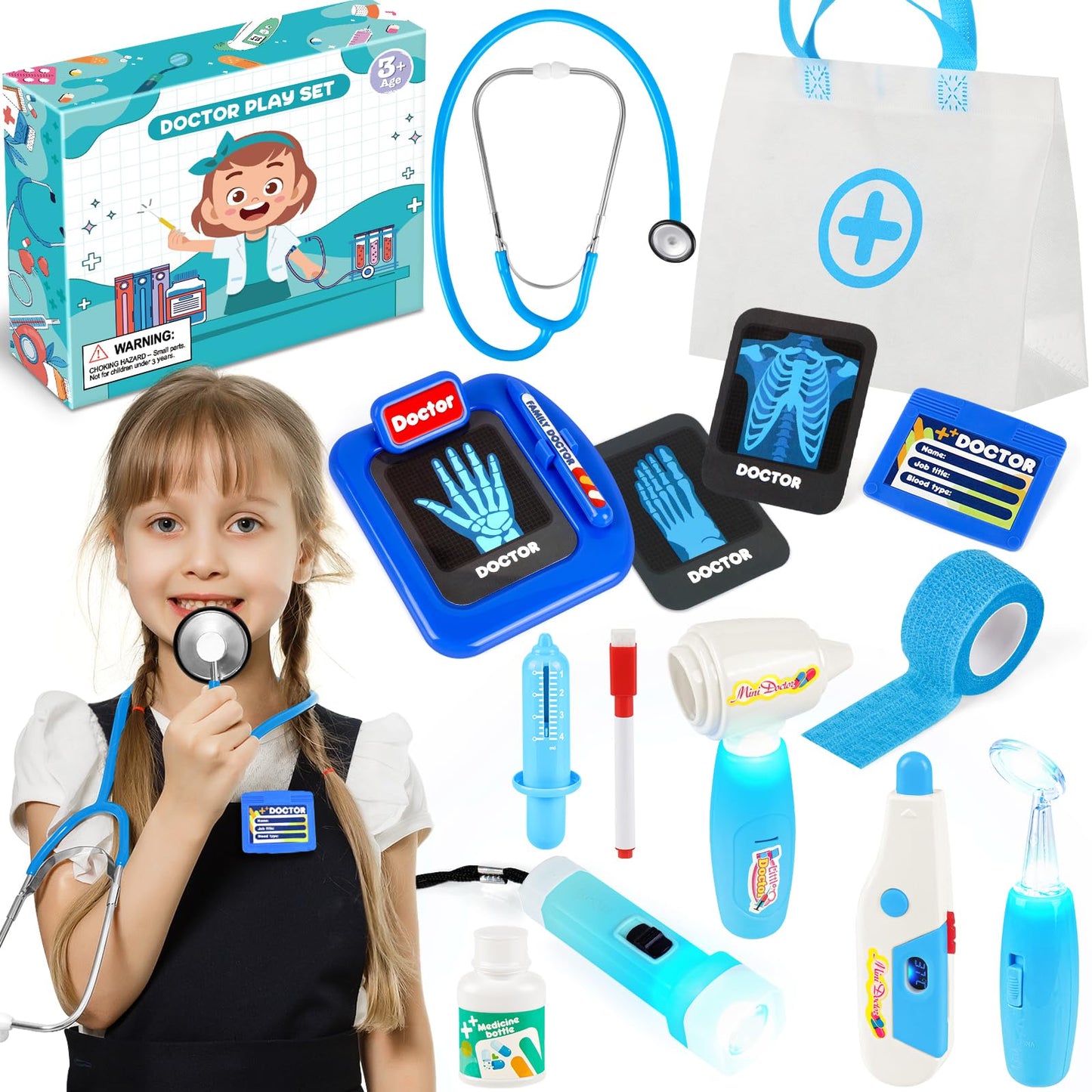 IVENRXIU Kids Doctors Play Set – 15 Pcs Doctor Kit with Real Stethoscope for Toddlers (3-5)
