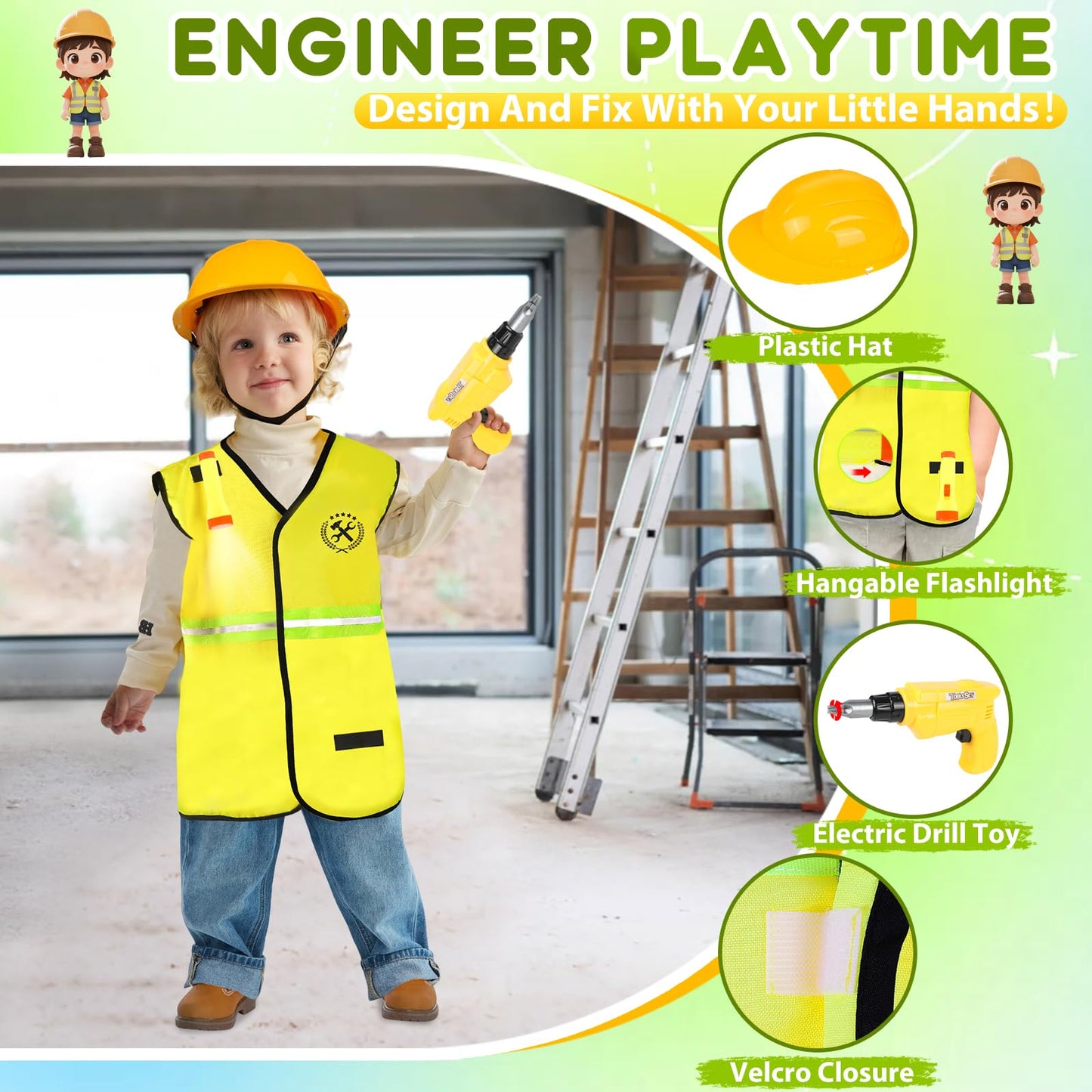 IVENRXIU 4-in-1 Toddler Dress Up Set – Police, Doctor, Firefighter & Engineer Costumes for Ages 3-8