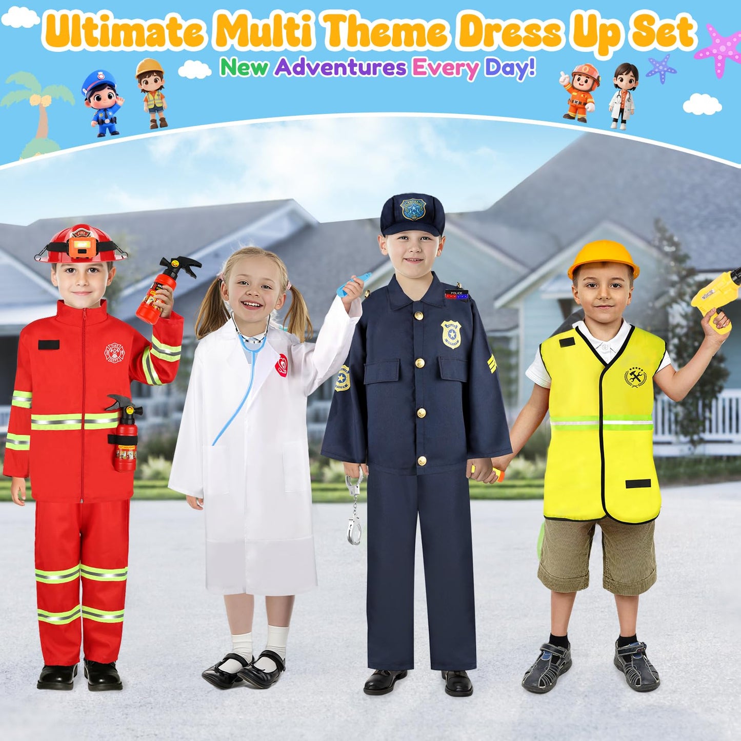 IVENRXIU 4-in-1 Toddler Dress Up Set – Police, Doctor, Firefighter & Engineer Costumes for Ages 3-8