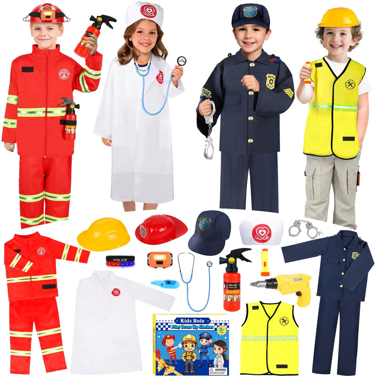 IVENRXIU 4-in-1 Toddler Dress Up Set – Police, Doctor, Firefighter & Engineer Costumes for Ages 3-8