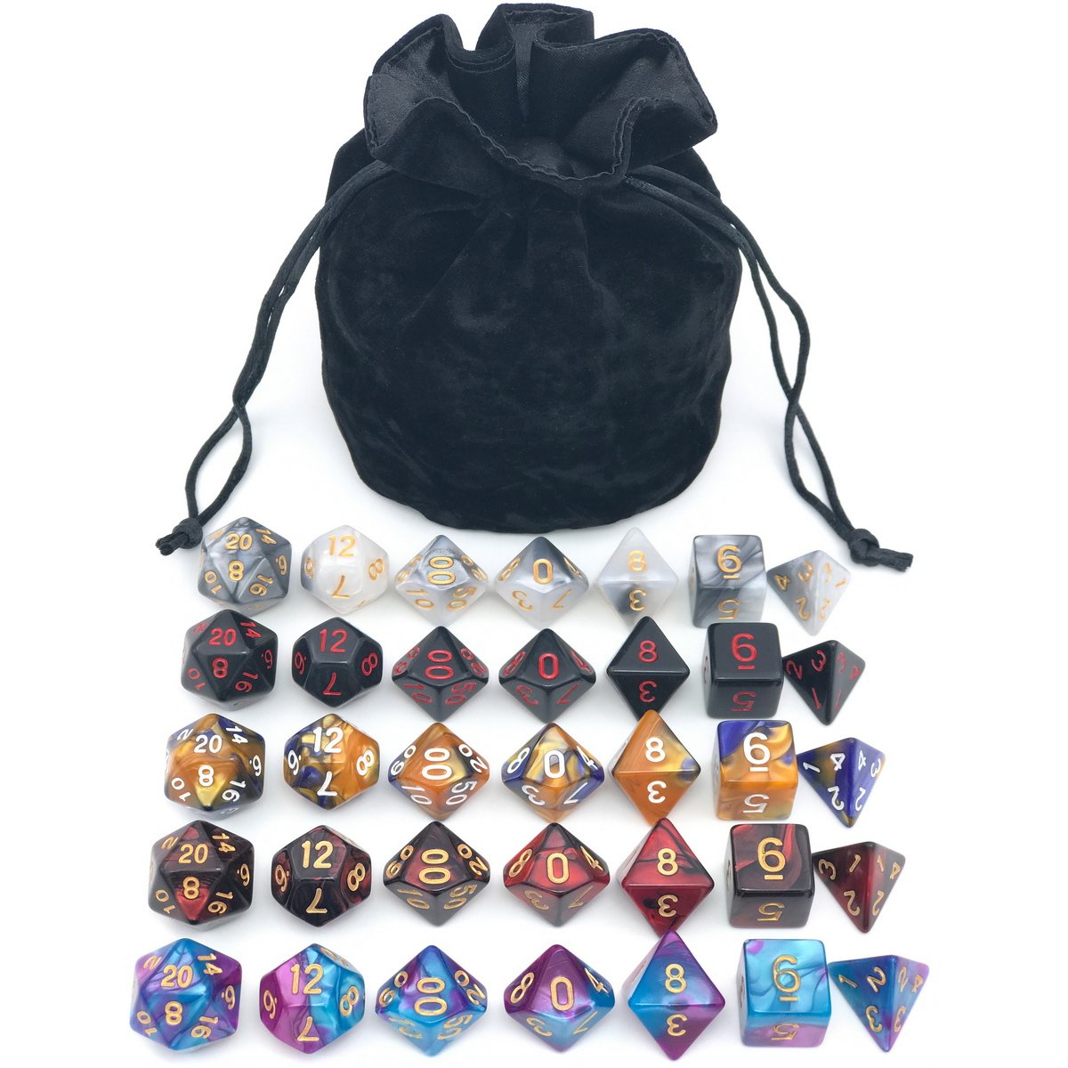 IvyFieldDice Assorted Polyhedral Dice Set with Black Drawstring Bag | 5 Colorways