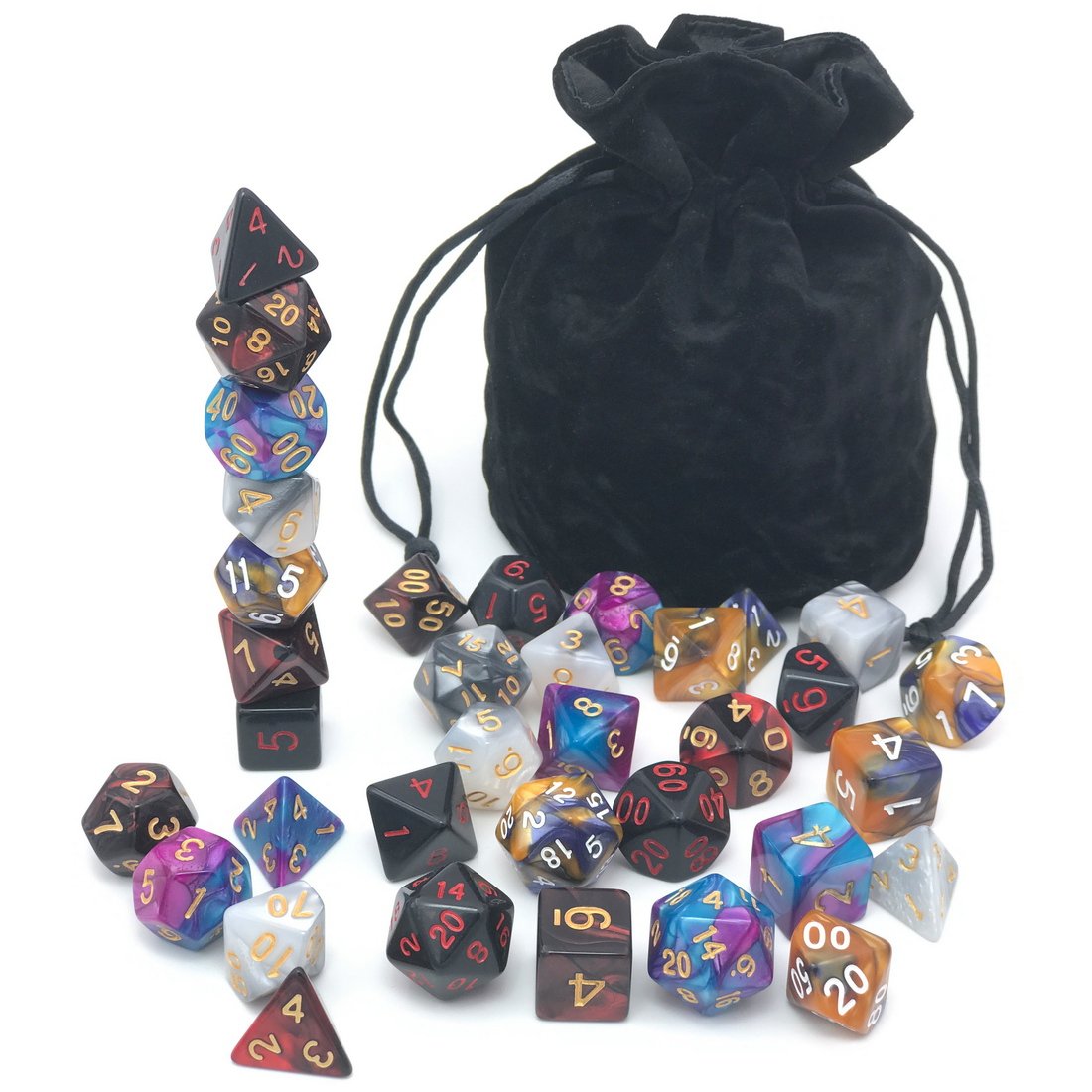 IvyFieldDice Assorted Polyhedral Dice Set with Black Drawstring Bag | 5 Colorways