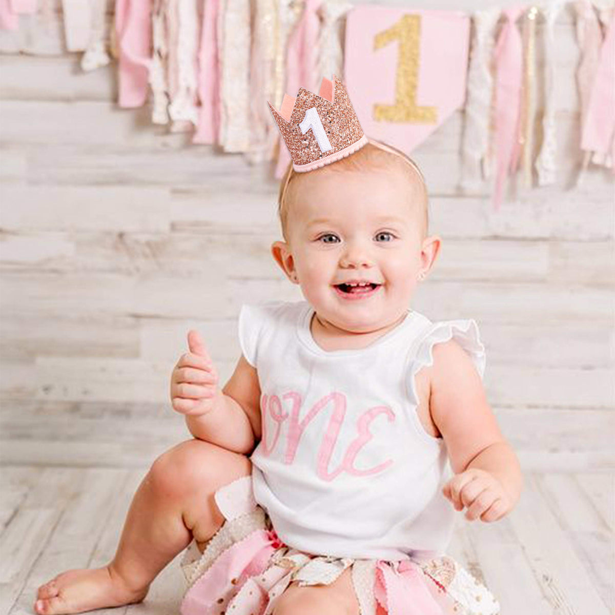 IVYRISE Glitter Birthday Crown – Pink & Gold Photo Booth Prop for Baby's 1st Birthday