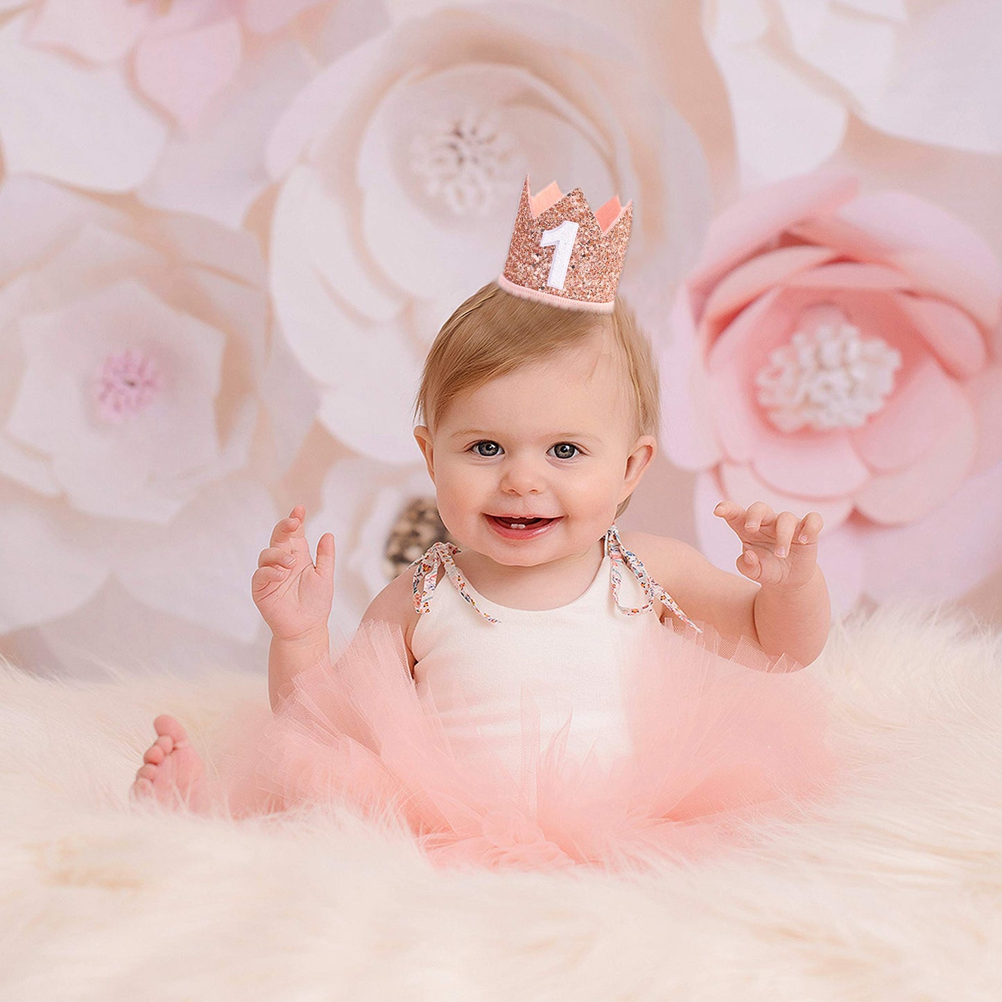 IVYRISE Glitter Birthday Crown – Pink & Gold Photo Booth Prop for Baby's 1st Birthday
