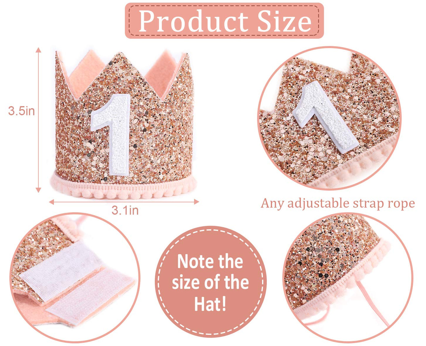 IVYRISE Glitter Birthday Crown – Pink & Gold Photo Booth Prop for Baby's 1st Birthday