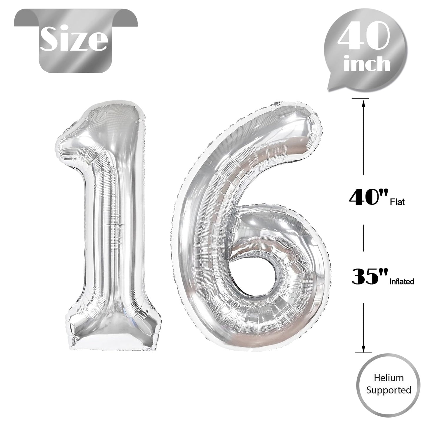 IWERP 16 Balloon Number – Silver 40-Inch 16th Birthday Balloons