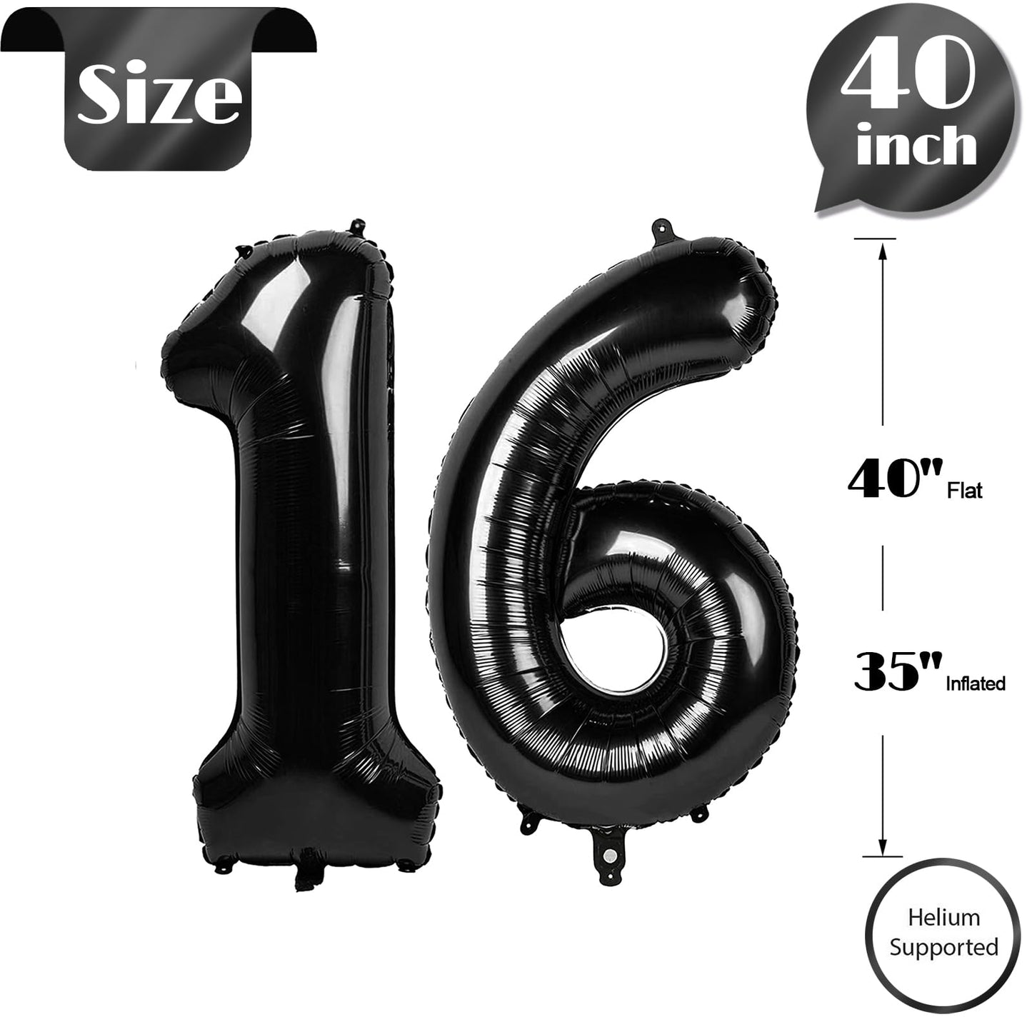 IWERP Black Number 16 Balloon – 40 Inch 16th Birthday Decorations