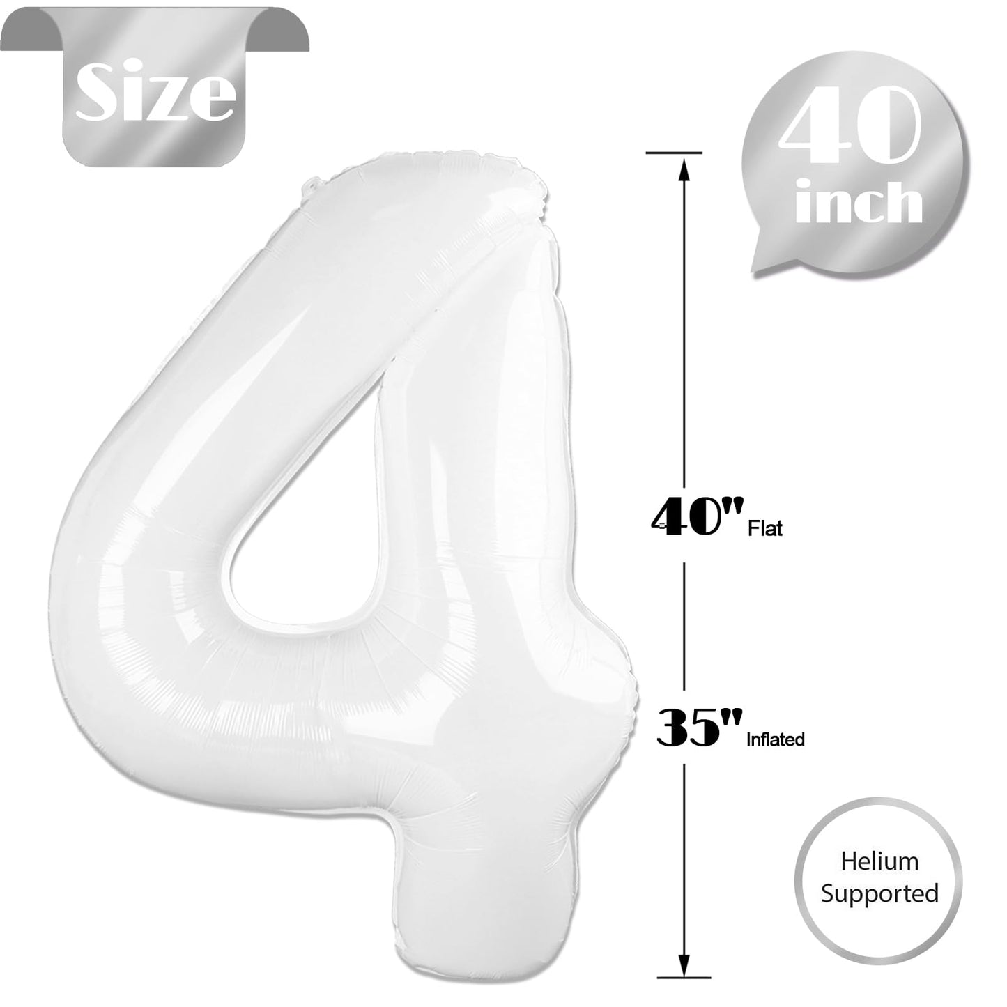 IWERP White Number 4 Balloon – 40 Inch Giant 4th Birthday Foil Balloon