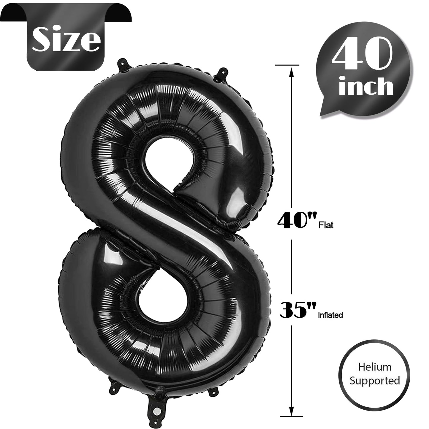 IWERP 8 Black 40-Inch Number Balloon – 8th Birthday Decorations