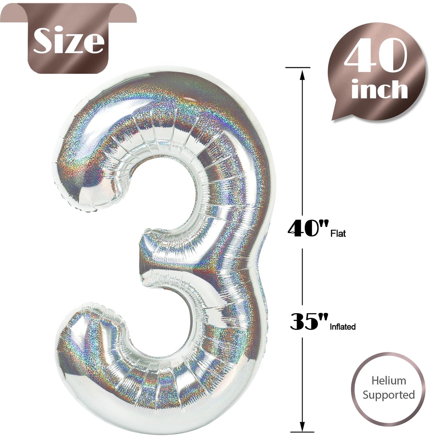 Laser Silver 3 Balloon - 40 Inch Number Balloon for 3rd Birthday | IWERP