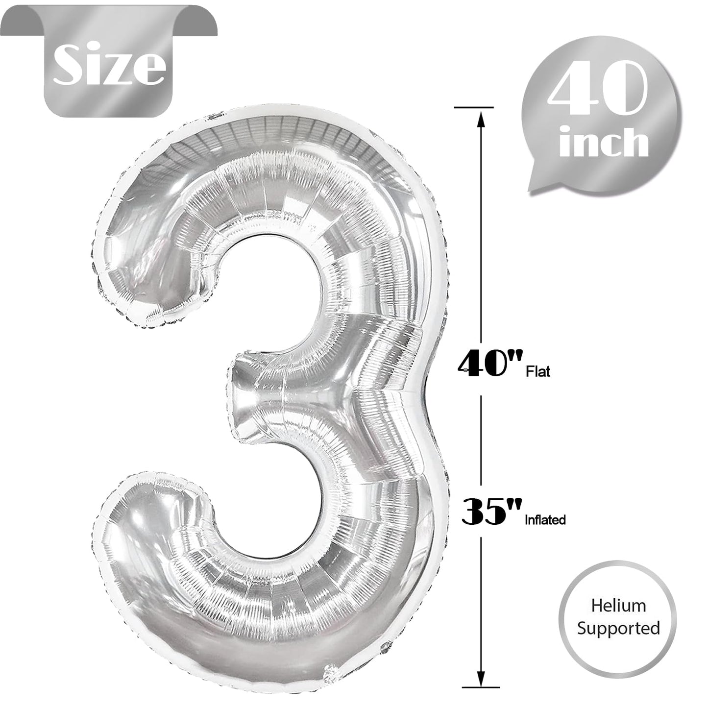 IWERP Silver Number 3 Balloon – 40-Inch, 3rd Birthday Party Decor