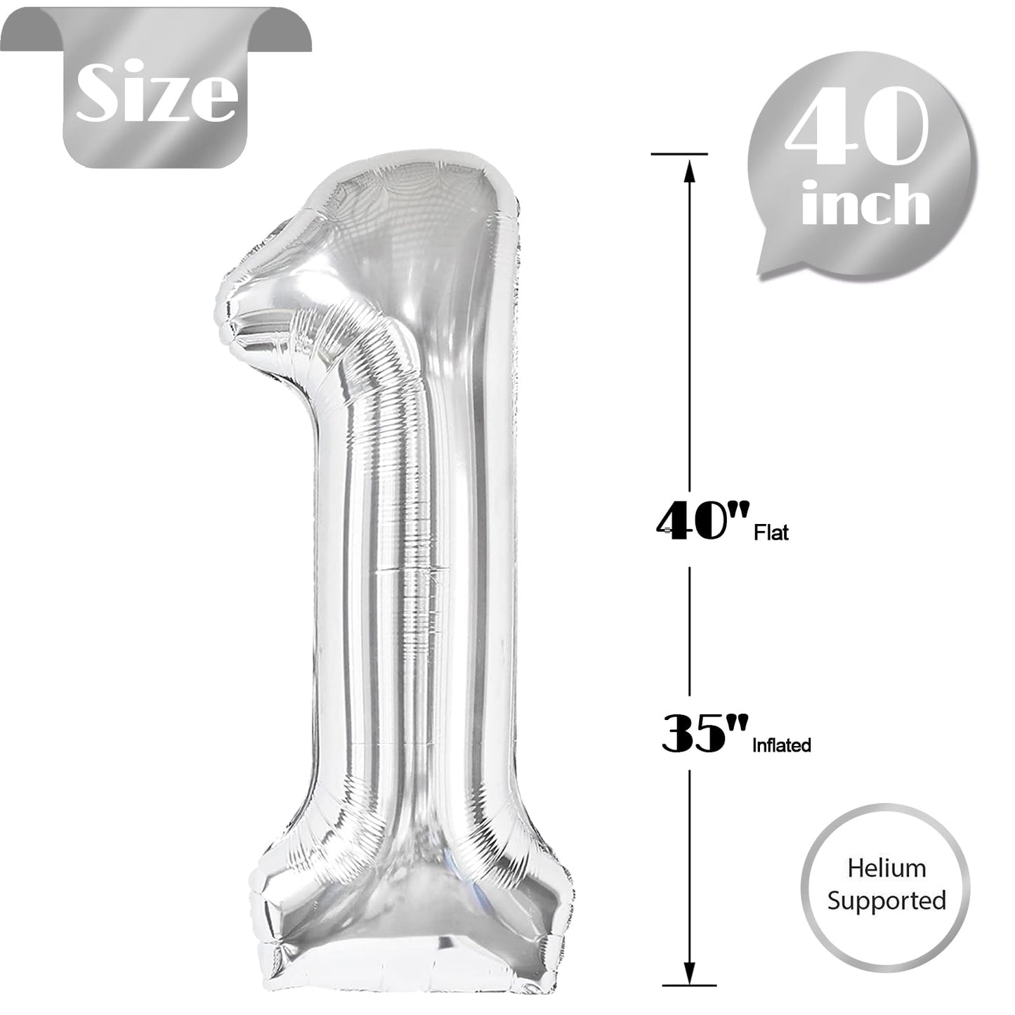 IWERP Silver Number 1 Balloon – 40-Inch First Birthday Decoration