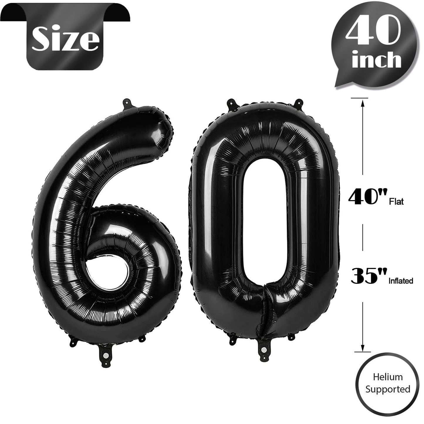 IWERP Black Number 60 Balloon – 40-Inch 60th Birthday Decorations for Women & Men