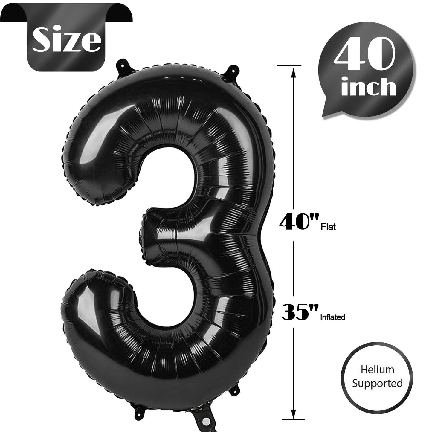IWERP Black Number 3 Balloon 40 Inch – 3rd Birthday Decorations